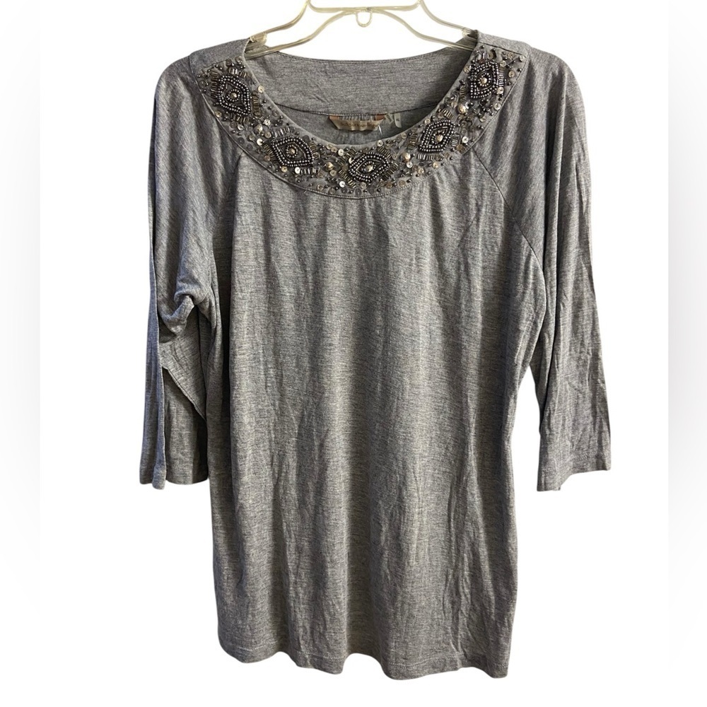Soft surroundings beaded crewneck pull over 3/4 sleeve top grey XL NWOT